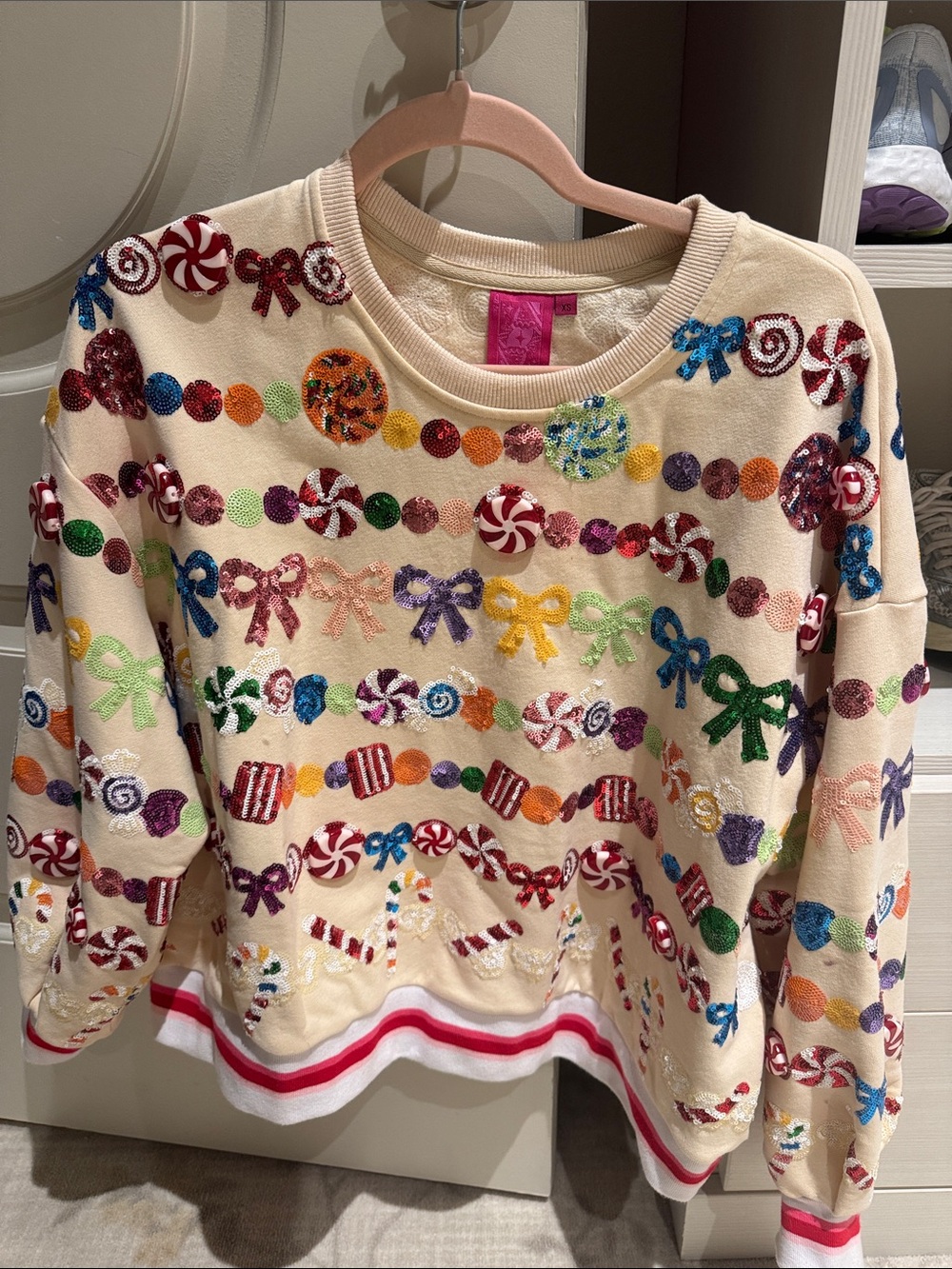 QUEEN OF SPARKLES Cream Sequin Candy & Bow Embellished Crewneck Sweater
